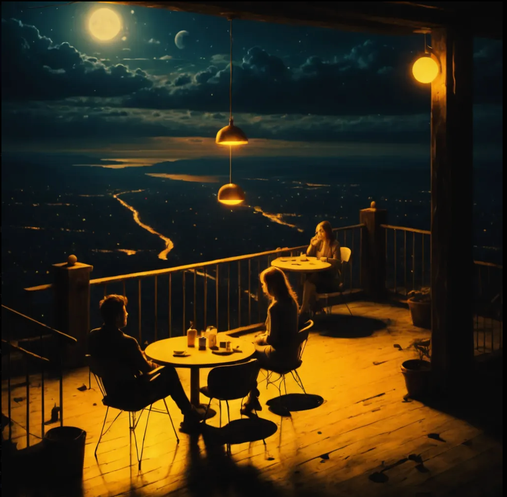 The Midnight Balcony under moonlit sky with warm amber lights